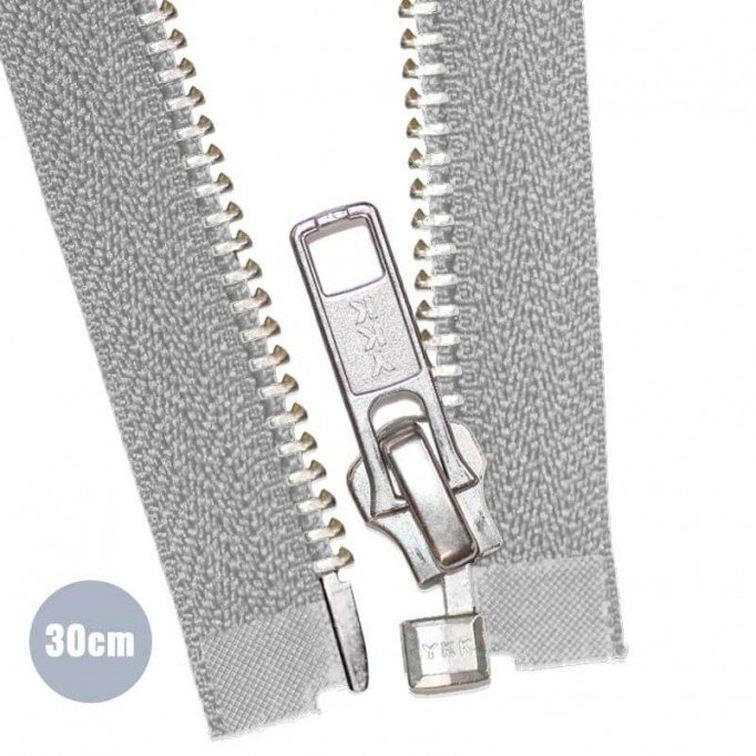 Silver Metal Divisible Zipper YKK Light Grey 30CM  - (Zippers YKK)