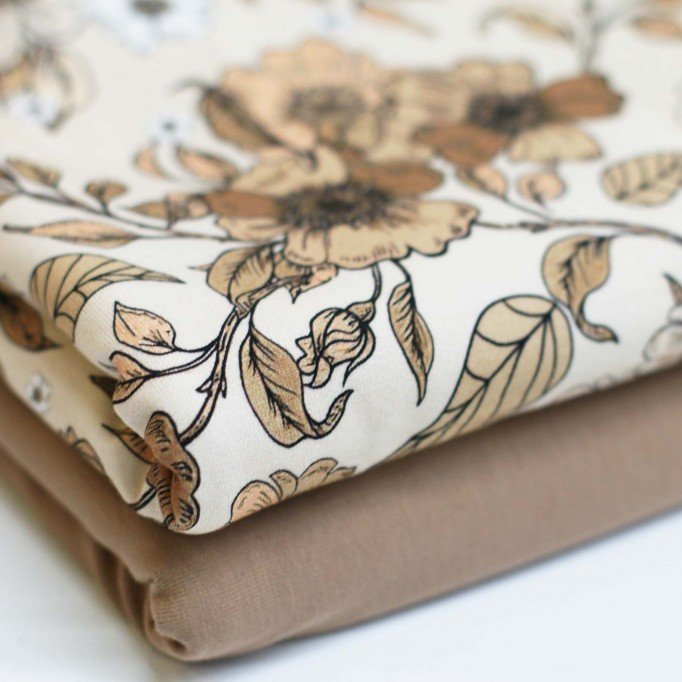 Bomuldjersey Digital Print - Landlige Blomst Beige - (Bomuldjersey Digitaltryk)