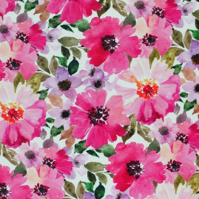 Digital Print Bamboo Jersey - Summer Flowers Hot Pink - (Printed Jersey Fabric)