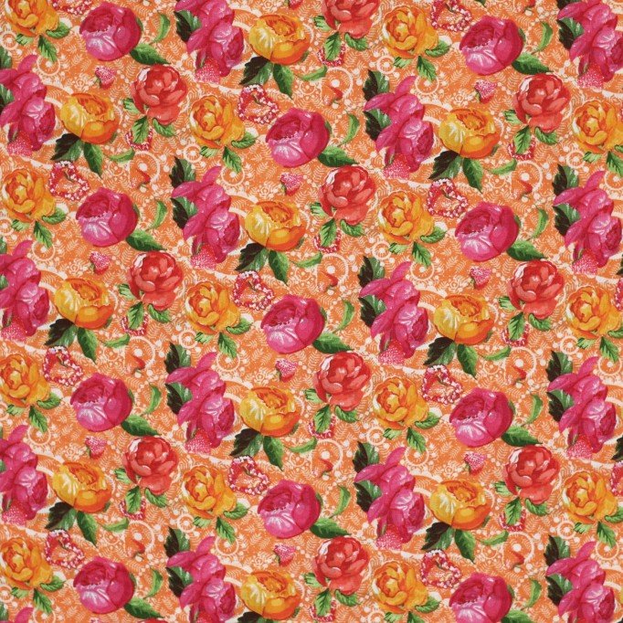 Cotton Poplin Children's Fabric - Flower Orange - (Fabric Outlet)