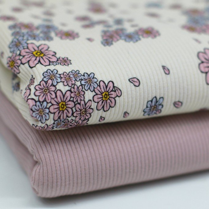 Tissu Maille Tricot Côtelé - Feuilles De Fleurs - (Tissus Jersey)